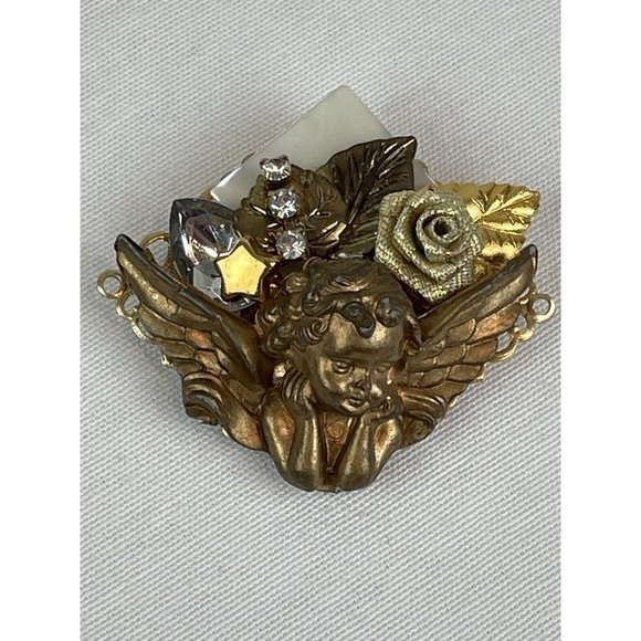 Vintage Assemblage Brooch Maximal Art Style Cherub Romantic Gold Tone Rhinestone - Picture 1 of 9